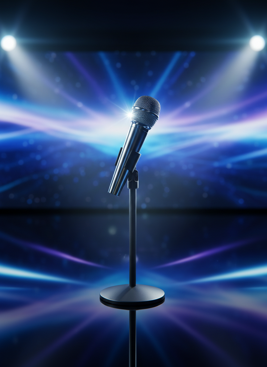 A polished chrome karaoke microphone resting upright in a sleek, matte-black stand on a glossy stage floor, its fine metal mesh grille catching subtle reflections of colored light. In the background, an expansive, softly blurred LED screen displays abstract waves of blue and purple, suggesting an exclusive members-only club stage. Focused, cool white spotlights from above highlight the microphone’s contours, while faint colored beams create gentle gradients on the floor. Photographic realism with a clean, modern aesthetic, shot at eye level with shallow depth of field, emphasizes the microphone as the professional centerpiece. The mood is sophisticated and anticipatory, evoking a high-end karaoke venue ready for the next performance, perfect for a site guiding serious enthusiasts to the best trends and schedules.