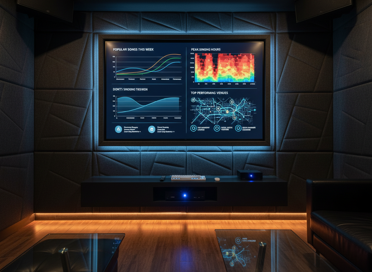 A large, wall-mounted professional monitor in a private karaoke suite displays a polished dashboard of karaoke trends: line graphs of popular songs, heatmaps of peak singing hours, and neatly labeled venue icons on a stylized city map. The monitor is framed by dark, sound-absorbing fabric panels, with a low, streamlined console below holding an organized remote control, a slim keyboard, and a discreet media hub. Ambient LED light strips behind the monitor cast a soft blue halo, contrasting with warm floor-level lighting that gently illuminates the room’s edges. Photographic realism with a slightly wide-angle lens captures the entire setup in balanced composition, conveying an analytical yet inviting atmosphere, ideal for a members-only guide focused on data-driven karaoke insights.