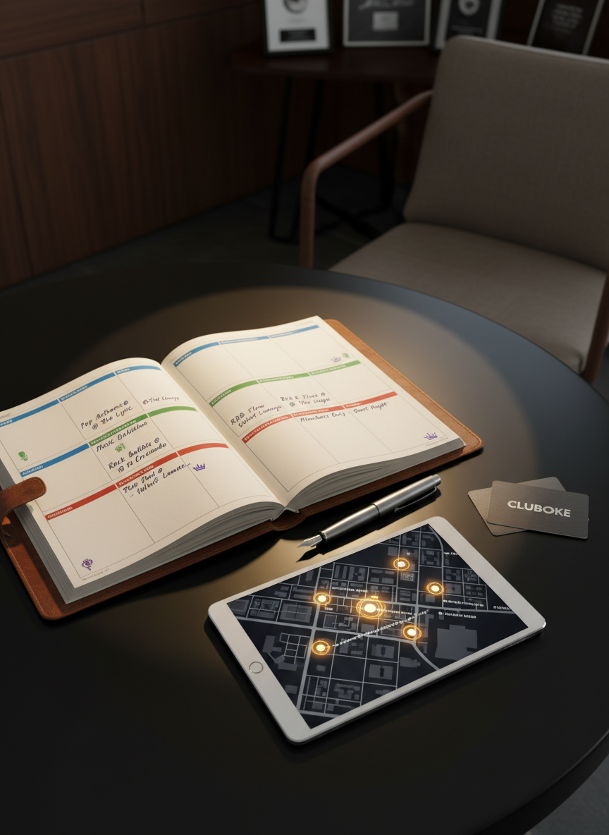 A close-up of an open leather-bound planner resting on a smooth black table in a quiet, upscale karaoke club office. The planner pages display a meticulously handwritten weekly schedule of karaoke events, color-coded for venues, themes, and member-only sessions. Beside the planner lies a brushed metal pen, a slim tablet showing a venue map with highlighted hotspots, and a small stack of metallic membership cards embossed with the CLUBOKE logo. Soft, diffused desk lamp lighting creates gentle shadows and a warm, focused pool of light over the planner, while the background fades into a dark, unobtrusive blur. Shot from a top-down perspective in photographic realism, the composition feels organized and professional, emphasizing planning, exclusivity, and strategic guidance for karaoke nights.