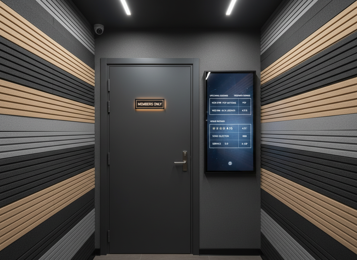 A refined lounge-style karaoke room entrance with a closed, sound-insulated door in deep charcoal gray, featuring a small backlit sign reading “Members Only” in minimalist typography. Beside the door, a sleek digital wall display shows an updated schedule of upcoming karaoke sessions, venue ratings, and trending genres in clean, organized columns. The surrounding corridor is lined with textured acoustic wall panels in muted tones, illuminated by subtle recessed ceiling lights that cast soft, even light without harsh shadows. Photographic realism, shot from a straight-on eye-level perspective with sharp focus throughout, creates a calm, exclusive atmosphere. The mood is professional and quietly luxurious, emphasizing controlled access and curated information for serious karaoke enthusiasts.