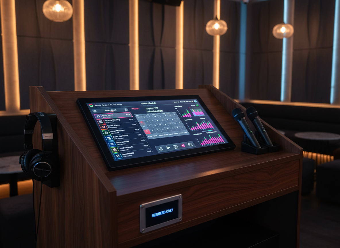An elegant, dark wood podium-style DJ console in a premium karaoke lounge, its surface lined with a high-resolution touchscreen interface showing an organized song queue, venue schedule grid, and trend charts in crisp neon accents. Surrounding the console are neatly arranged professional headphones, wireless microphones, and a subtle members-only access card reader embedded in the side. Soft, warm overhead lighting creates controlled reflections on the polished wood and glass surfaces, while the rest of the room fades into a tasteful, blurred backdrop of acoustic panels and LED accent strips. Captured from a slightly elevated three-quarter angle in photographic realism, the composition highlights the technology and organization, conveying a professional, members-only control hub for managing karaoke nights with precision.