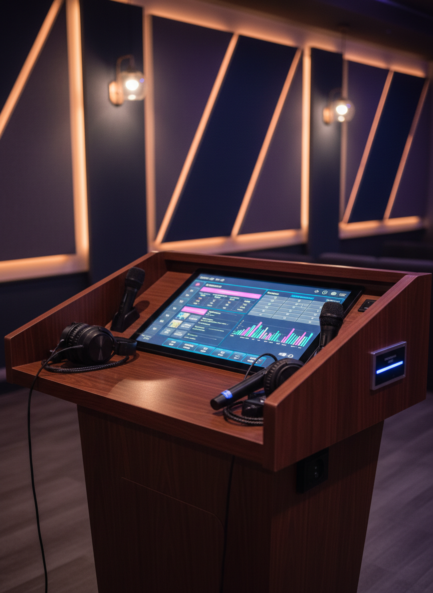 An elegant, dark wood podium-style DJ console in a premium karaoke lounge, its surface lined with a high-resolution touchscreen interface showing an organized song queue, venue schedule grid, and trend charts in crisp neon accents. Surrounding the console are neatly arranged professional headphones, wireless microphones, and a subtle members-only access card reader embedded in the side. Soft, warm overhead lighting creates controlled reflections on the polished wood and glass surfaces, while the rest of the room fades into a tasteful, blurred backdrop of acoustic panels and LED accent strips. Captured from a slightly elevated three-quarter angle in photographic realism, the composition highlights the technology and organization, conveying a professional, members-only control hub for managing karaoke nights with precision.
