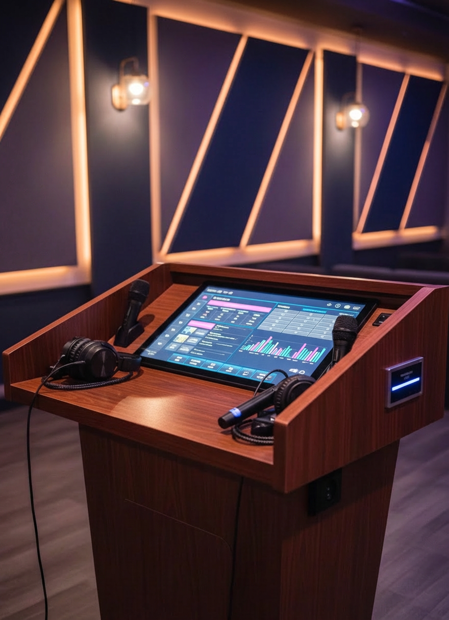 karaoke An elegant, dark wood podium-style DJ console in a premium karaoke lounge, its surface lined with a high-resolution touchscreen interface showing an organized song queue, venue schedule grid, and trend charts in crisp neon accents. Surrounding the console are neatly arranged professional headphones, wireless microphones, and a subtle members-only access card reader embedded in the side. Soft, warm overhead lighting creates controlled reflections on the polished wood and glass surfaces, while the rest of the room fades into a tasteful, blurred backdrop of acoustic panels and LED accent strips. Captured from a slightly elevated three-quarter angle in photographic realism, the composition highlights the technology and organization, conveying a professional, members-only control hub for managing karaoke nights with precision.